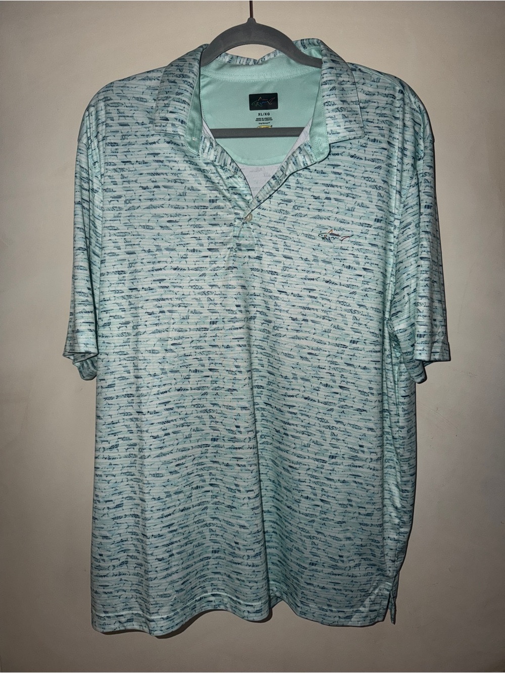Greg Norman PlayDry Performance Golf Polo Shirt Mint Aqua Blue Print Mens XL